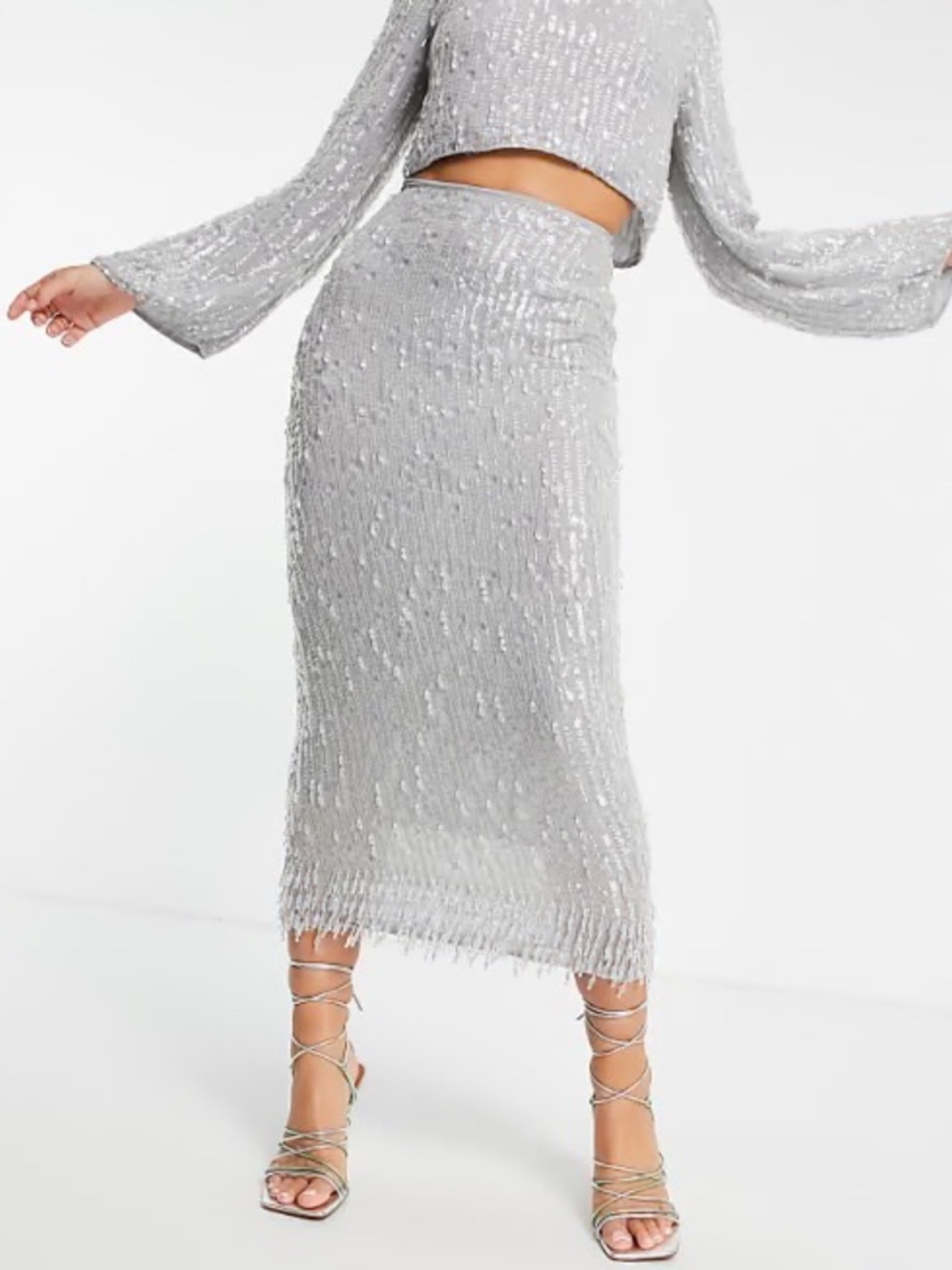 ASOS EDITION sequin & crystal fringe midi skirt in grey